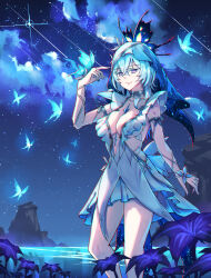 1girl absurdres armlet bare_legs blake_bloom_(wuthering_waves) blue_butterfly blue_dress blue_hair blue_nails blue_theme blue_veil breasts bug butterfly chinese_commentary chromatic_aberration closed_mouth collarbone colored_eyelashes commentary_request cowboy_shot dress highres insect jewelry kecilang_buzhang large_breasts legs long_hair looking_at_viewer nail_polish nebula partial_commentary purple_eyes shorekeeper_(wuthering_waves) sleeveless sleeveless_dress smile solo two-tone_veil veil white_dress white_veil wuthering_waves