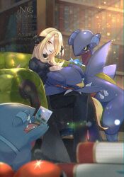 1girl absurdres black_pants blonde_hair blurry blurry_foreground book bookshelf candy_wrapper commentary_request couch cynthia_(pokemon) evolutionary_line eyelashes gabite garchomp gen_4_pokemon gible glint hair_ornament hair_over_one_eye highres indoors library long_hair long_sleeves nintendo open_mouth pants photo_(object) pokemon pokemon_(creature) pokemon_dppt sitting smile ssn_(sasa8u9r) watermark