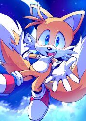 1boy animal_ears animal_nose blue_eyes blue_sky cloud cloudy_sky commentary falling fox_boy fox_ears fox_tail from_above furry furry_male gloves highres looking_at_viewer male_focus misuta710 multiple_tails open_mouth outdoors red_shoes shoes sky smile solo sonic_(series) symbol-only_commentary tail tails_(sonic) two_tails white_gloves