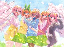 5girls absurdres ahoge black_jacket black_pantyhose blue_cardigan blue_eyes blush butterfly_hair_ornament cardigan cardigan_around_waist cherry_blossoms closed_mouth clothes_around_waist commentary_request falling_petals go-toubun_no_hanayome green_ribbon green_skirt hair_between_eyes hair_ornament hair_ribbon headphones headphones_around_neck highres hug jacket long_hair long_hair_between_eyes long_sleeves looking_at_viewer multiple_girls nakano_ichika nakano_itsuki nakano_miku nakano_nino nakano_yotsuba open_mouth orange_hair outdoors pantyhose petals pink_hair pleated_skirt quintuplets red_sweater_vest ribbon sakunana short_hair short_sleeves siblings sisters skirt sky smile standing star_(symbol) star_hair_ornament sweater_vest thighhighs tree v white_thighhighs yellow_sweater_vest