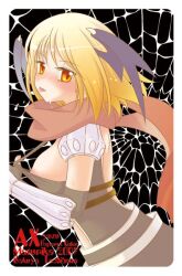 1girl 2009 armor assassin_cross_(ragnarok_online) black_gloves black_leotard black_wings blonde_hair blush border breasts closed_mouth commentary_request demon_wings elbow_gloves fingerless_gloves gloves head_wings large_breasts leotard looking_at_viewer looking_to_the_side nipple_slip nipples orange_eyes pauldrons ragnarok_online short_hair shoulder_armor silk solo spider_web tachibana_sakuya_(matsurika) tongue tongue_out upper_body vambraces white_border wings