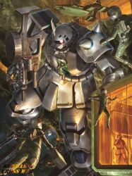 Rule 34 | 6+others, artist request, asteroid, cable, gun, gundam, gundam cross war, gundam msv, hangar, jetpack, machine gun, machinery, male focus, mecha, mecha pilot suit, mobile suit, mobile suit gundam, multiple others, musai, official art, one-eyed, painting (medium), pointing, radio antenna, realistic, robot, scan, science fiction, shield, shoulder spikes, space station, spacecraft, spacesuit, spikes, traditional media, weapon, zaku ii, zaku ii hmt shin matsunaga custom, zaku ii s, zeon