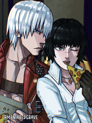 Rule 34 | 1boy, 1girl, artist name, black hair, blue eyes, brown gloves, coat, dante (devil may cry), devil may cry, devil may cry (series), devil may cry 3, food, gloves, green eyes, highres, holding, holding food, holding pizza, jewelry, juliewithaxe, lady (devil may cry), necklace, no shirt, pizza, pizza box, pizza slice, red coat, scar, scar on face, scar on nose, shirt, white hair, white shirt