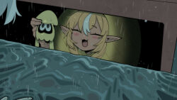 1girl :3 :d absurdres blonde_hair blush closed_eyes cocomayo29_(tomato) highres hololive inkling it_(stephen_king) multicolored_hair nintendo open_mouth parody pointy_ears rain shiranui_flare smile solo splatoon_(series) storm_drain streaked_hair virtual_youtuber water