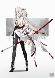 1girl black_footwear black_pants breasts commentary english_commentary falslander fox_mask full_body grey_hair hair_intakes heel-less_heels high_heels highres jacket kagura_(neco) long_hair long_sleeves mask medium_breasts neco open_clothes open_jacket pants parted_lips sheath sheathed sidelocks solo standing sword tachi_(weapon) weapon white_jacket