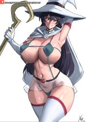 Rule 34 | 1girl, alternate costume, arm behind head, bambietta basterbine, black hair, bleach, bleach: sennen kessen-hen, breasts, brown eyes, hat, highres, large breasts, long hair, shiny skin, staff, sternritter, thick thighs, thighhighs, thighs, transparent skirt, white background, witch, witch hat, xhaart