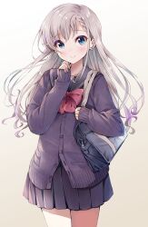 Rule 34 | 1girl, asymmetrical bangs, bag, bow, bowtie, braid, braided bangs, cardigan, earrings, gradient hair, grey hair, highres, hisakawa hayate, holding, holding bag, idolmaster, idolmaster cinderella girls, jewelry, long sleeves, looking at viewer, michii yuuki, multicolored hair, pleated skirt, purple cardigan, purple hair, purple skirt, red bow, red bowtie, school bag, school uniform, serafuku, simple background, skirt, solo, thighs, white background