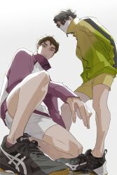 Rule 34 | 2boys, black hair, black shoes, brown hair, closed mouth, covered mouth, frown, haikyuu!!, highres, hk smith man, jacket, kneeling, long sleeves, looking at viewer, male focus, mask, mouth mask, multicolored jacket, multiple boys, sakusa kiyoomi, shoes, short hair, shorts, simple background, sneakers, striped clothes, striped jacket, ushijima wakatoshi, vertical-striped clothes, vertical-striped jacket, wavy hair, white background, yellow jacket, yellow shorts, zipper, zipper pull tab