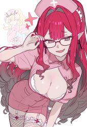 3girls absurdres baobhan_sith_(fate) barghest_(fate) breasts chibi cleavage cleavage_cutout clothing_cutout double-parted_bangs dress drill_hair earrings ebora faerie_knights_(fate) fate/grand_order fate_(series) fishnet_thighhighs fishnets glasses grey_eyes hat highres jewelry large_breasts long_hair looking_at_viewer melusine_(fate) multiple_girls non-web_source nurse nurse_cap open_mouth pencil_dress pink_dress pink_hair pink_hat pointy_ears short_dress short_sleeves sidelocks smile solo_focus thighhighs thighs very_long_hair zettai_ryouiki