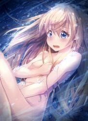 Rule 34 | 1girl, blonde hair, blue eyes, blush, breasts, commentary request, completely nude, embarrassed, gc3, goblin slayer!, hair between eyes, hair spread out, highres, knee up, long hair, lying, nude, on back, open mouth, priestess (goblin slayer!), small breasts, soap bubbles, solo, uncensored, very long hair, water
