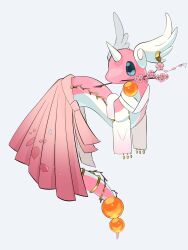 Rule 34 | 1other, alternate color, anklet, blue eyes, branch, cherry blossoms, dragon, dragonair, earrings, floral print, gen 1 pokemon, head wings, highres, holding, holding stick, horns, jewelry, nintendo, no humans, p9kfxaofqi54546, pokemon, scarf, shiny pokemon, simple background, single earring, single horn, solo, stick, tail, white background, wings