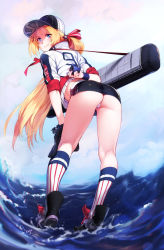 1girl ass azur_lane back baseball_cap baseball_glove baseball_uniform blue_eyes blush bogue_(azur_lane) bogue_(retrofit)_(azur_lane) day feguimel female_focus hat highres kneehighs kneepits long_hair ocean outdoors panties ponytail remodel_(azur_lane) skirt smile socks solo sportswear thong underwear very_long_hair white_panties