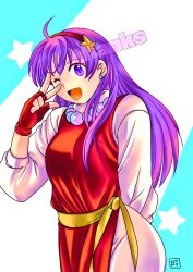 1girl asamiya_athena ass breasts curvy earrings female_focus hairband huge_ass jewelry large_breasts long_hair looking_at_viewer okobore_de_shou okoborede_s_re one_eye_closed open_mouth pale_skin pants purple_eyes purple_hair smile smiley_face standing star_(symbol) the_king_of_fighters thick_thighs thighs wide_hips wink