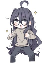 1girl absurdres ahoge bags_under_eyes black_hair freckles glasses godly_artist_introvert-chan highres holding holding_stylus jimiko koyansuee long_sleeves looking_at_viewer messy_hair open_mouth original pants purple_eyes simple_background smile solo sparkle squatting stylus sweater white_background