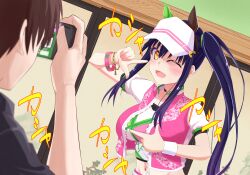1boy 1girl ;d alternate_hairstyle animal_ears black_hair blurry blush breasts brown_hair camera commentary cosplay depth_of_field dutch_angle fake_animal_ears finger_frame happy holding holding_camera horse_ears impossible_clothes indoors ines_fujin_(umamusume) ines_fujin_(umamusume)_(cosplay) kushima_kamome large_breasts long_hair looking_at_viewer midriff mu-chu navel one_eye_closed open_clothes open_mouth open_vest pink_vest ringed_eyes shirt short_hair short_sleeves side_ponytail sidelocks smile solo_focus sound_effects straight_hair summer_pockets takahara_hairi umamusume upper_body very_long_hair vest visor_cap voice_actor_connection white_shirt yellow_eyes