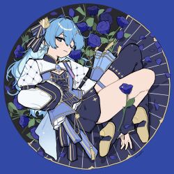 1girl blue_eyes blue_hair gloves hololive hoshimachi_suisei lying on_side single_thighhigh tai_inukai thighhighs virtual_youtuber