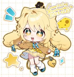 Rule 34 | + +, 1girl, animal, animal on head, aqua eyes, bag, blonde hair, blue eyes, blue ribbon, blush, braid, brown cardigan, cardigan, cheese, chibi, chibi only, commission, dress, floating clothes, food, frilled dress, frills, full body, grid background, hair between eyes, hair ribbon, heart, heart tail, highres, kneehighs, leg up, long hair, looking at viewer, on head, open mouth, original, orphaneater io, outstretched arms, plaid ribbon, ribbon, shoulder bag, socks, solo, standing, standing on one leg, tail, teeth, twin braids, upper teeth only, very long hair, white background, white ribbon, white socks, yellow dress, yellow eyes