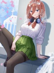 1girl black_choker black_pantyhose blue_eyes breasts bridal_veil brown_hair choker church danraz0r go-toubun_no_hanayome headphones headphones_around_neck highres loafers looking_at_viewer medium_breasts nakano_miku pantyhose pleated_skirt school_uniform shirt shoes sitting skirt veil white_shirt