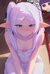 Rule 34 | 2girls, absurdres, bare shoulders, blunt bangs, blush, breasts, daniel deves, dress, earrings, elf, fern (sousou no frieren), frieren, highres, jewelry, long hair, multiple girls, parted bangs, pointy ears, purple eyes, purple hair, sousou no frieren, twintails, white dress