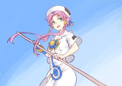 1girl :d aria_(manga) aria_company_uniform beret blue_background blue_bow blue_bowtie blue_gloves blue_ribbon blush bow bowtie breasts commentary cowboy_shot eyelashes fingerless_gloves gloves gold_trim green_eyes hair_tubes hat hat_ribbon highres holding holding_oar looking_to_the_side mizunashi_akari mono9ron oar open_mouth outdoors parted_bangs pink_hair ribbon sailor_collar short_hair_with_long_locks short_sleeves side_slit sidelocks single_glove small_breasts smile solo white_hat