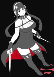 1girl black_background black_dress blood blush boots breasts cleavage commentary_request covered_navel dagger dress dual_wielding earrings fingerless_gloves gloves greyscale hairband high_heel_boots high_heels highres holding holding_weapon jewelry knife monochrome smile solo spot_color spy_x_family stiletto_(weapon) tetrodotoxin thigh_boots two-sided_dress two-sided_fabric weapon yor_briar