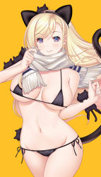 1girl animal_ears bare_shoulders bikini black_bikini blonde_hair blue_eyes blush breasts breasts_apart cat cat_ears cat_tail closed_mouth collarbone contrapposto cowboy_shot fake_animal_ears fake_tail groin halloween hataraki_kuma highres large_breasts long_hair looking_at_viewer lowleg lowleg_bikini micro_bikini navel orange_background original purple_eyes scarf side-tie_bikini_bottom smile strap_gap swept_bangs swimsuit tail very_long_hair