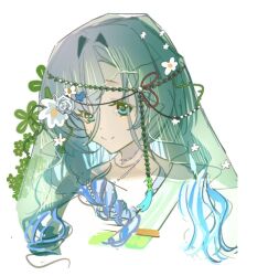 1girl 37_(happy_bird_catcher)_(reverse:1999) 37_(reverse:1999) blue_eyes blue_hair closed_mouth flower green_flower green_veil hair_between_eyes hair_flower hair_ornament long_hair portrait reverse:1999 seventeen_meimi smile solo veil very_long_hair white_background white_flower