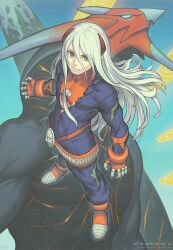 Rule 34 | 1boy, belt, blue bodysuit, bodysuit, breath of fire, breath of fire iv, closed mouth, fou-lu, from above, full body, gloves, gofelem, green eyes, horns, long hair, long sleeves, looking at viewer, male focus, pointy ears, red belt, red gloves, red horns, red shoes, shoes, standing, toned, toned male, torn clothes, tyrant (breath of fire), very long hair, white hair