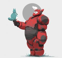 1980s_(style) armor baymax big_hero_6 circle crossover disney from_side gloves grass grey_background highres looking_at_another looking_down no_humans oldschool outstretched_arm retro_artstyle rust shade sketch snatti standing standing_on_another&#039;s_head studio_ghibli tonari_no_totoro totoro