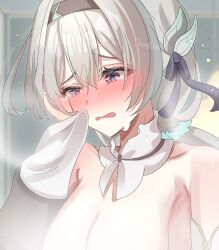1girl black_hairband blush breasts chuuna_(unagiunazy) cleavage collarbone commentary_request detached_collar firefly_(honkai:_star_rail) grey_hair hairband highres honkai:_star_rail honkai_(series) large_breasts long_hair open_mouth purple_eyes solo tearing_up upper_body