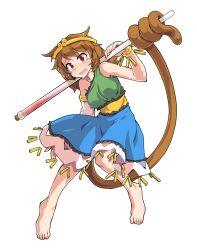 1girl alphes_(style) barefoot blue_dress blush breasts brown_hair circlet commentary_request dairi dress full_body green_dress large_variant_set long_hair low_twintails medium_breasts monkey_tail multicolored_dress open_mouth parody red_eyes solo son_biten style_parody tachi-e tail tears test_tube touhou transparent_background twintails variant_set yellow_dress
