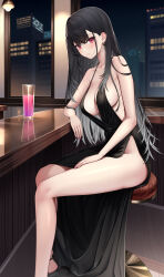 1girl arm_rest bare_shoulders black_dress black_hair black_nails blush braid breasts building ceiling_light center_opening chair city_lights cleavage closed_mouth collarbone colored_inner_hair commentary_request commission crossed_bangs cup dress drinking_glass earrings evening_gown feet_out_of_frame grey_hair hair_between_eyes halter_dress halterneck hand_on_own_thigh high_heels highres indoors jewelry kuroha_arya large_breasts long_hair looking_at_viewer multicolored_hair night night_sky nikichiho on_chair on_stool pink_eyes pink_nails reflective_surface sideboob sideless_outfit sitting skeb_commission sky smile solo stool table thighs tile_floor tiles very_long_hair virtual_youtuber vspo! vspo!_en window