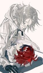 2boys ahoge aotsuki_eito binxngchng1 black_gloves black_hair blue_eyes eye_contact glasses gloves hair_between_eyes jacket long_sleeves looking_at_another male_focus messy_hair multicolored_hair multiple_boys pinned_down red_hair simple_background smile streaked_hair sumino_takumi teeth the_hundred_line_-last_defense_academy- white_background white_jacket yaoi
