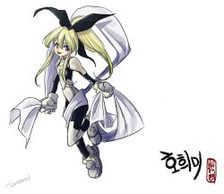 1girl artist_name black_ribbon blonde_hair bodysuit commentary_request full_body gloves grey_footwear grey_gloves hair_ribbon highres houshin_engi ko_kibi korean_commentary long_hair looking_at_viewer open_mouth ponytail purple_eyes ribbon simple_background solo tamtamdi white_background