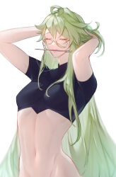 Rule 34 | 1girl, absurdres, baizhu (genshin impact), celestial sect, chinese hairpin, closed eyes, crop top, cropped torso, genderswap, genshin impact, glasses, green hair, hair ornament, hairpin, hairpin in mouth, hands up, highres, lips, long hair, lower lip only, mouth hold, raised eyebrows, semi-rimless eyewear, simple background, solo, thick lips, tight top, tying hair, under-rim eyewear, white background, yellow-framed eyewear