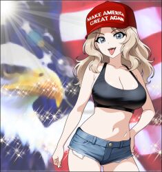 1girl :d american_flag bald_eagle baseball_cap bird black_tank_top blonde_hair blue_eyes breasts cleavage denim denim_shorts devil_jone_qrit eagle girls_und_panzer hand_on_own_hip hat kay_(girls_und_panzer) large_breasts long_hair looking_at_viewer midriff navel open_mouth red_hat short_shorts shorts smile solo stomach tank_top tongue tongue_out