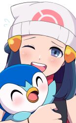 Rule 34 | 1girl, ;d, beanie, black hair, black shirt, bracelet, dawn (pokemon), eyelashes, flying sweatdrops, gen 4 pokemon, hair ornament, hairclip, happy, hat, highres, holding, holding pokemon, jewelry, light blush, long hair, nakikot t, nintendo, one eye closed, open mouth, piplup, pokemon, pokemon (creature), pokemon dppt, raised eyebrows, scarf, shirt, sleeveless, sleeveless shirt, smile, teeth, tongue, upper teeth only, white background, white hat