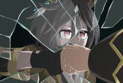 2girls animal_ears black_gloves broken_mirror brown_eyes brown_hair coat commentary_request dual_persona ear_covers feather_hair_ornament feathers fist_bump gloves hair_ornament highres kin&#039;iro_ryotei_(umamusume) looking_at_mirror metal_gear_(series) metal_gear_solid_v:_the_phantom_pain mirror multiple_girls okubomasau parody punching red_eyes sanpaku stay_gold_(umamusume) umamusume upper_body white_hair yellow_coat