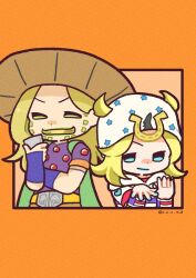 Rule 34 | 2boys, beanie, beard, belt, blonde hair, blue bridal gauntlets, blue eyes, blue lips, blue nails, cape, chibi, commentary, cowboy hat, english commentary, facial hair, gold teeth, green cape, green eyes, green lips, grin, gyro zeppeli, hat, highres, holding, hood, hoodie, horseshoe hat ornament, johnny joestar, jojo no kimyou na bouken, long hair, m a a m 8, male focus, medium hair, multiple boys, orange background, orange belt, orange sleeves, purple shirt, purple sleeves, red sleeves, shirt, smile, star (symbol), star print, steel ball run, two-tone sleeves, upper body, white hat, white hoodie, white sleeves, wristband