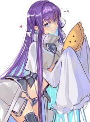 1girl absurdres blue_eyes blush crotch_plate empanada fate/extra fate/extra_ccc fate/grand_order fate_(series) food hair_ribbon heart highres holding holding_food long_hair looking_at_viewer meltryllis_(fate) meltryllis_(third_ascension)_(fate) purple_hair ribbon simple_background sleeves_past_fingers sleeves_past_wrists smile solo very_long_hair white_background white_ribbon yotsutsu428