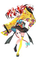 Rule 34 | 1girl, :d, alternate costume, animal ears, asymmetrical legwear, black collar, black hair, black hakama, black skirt, black socks, blue eyes, bow, bright pupils, collar, colored tips, commentary, commission, crossed bangs, dice hair ornament, double-parted bangs, english commentary, extra ears, floral print, floral print kimono, frilled kimono, frills, full body, furisode sleeves, hair between eyes, hair ornament, hakama, hakama short skirt, hakama skirt, hakos baelz, highres, hololive, hololive english, japanese clothes, kimono, mismatched legwear, mouse ears, mouse girl, mouse tail, multicolored hair, o-ring, o-ring thigh strap, obi, open mouth, outstretched arms, print kimono, red hair, sash, simple background, single thighhigh, skirt, smile, socks, solo, sowon, spiked collar, spikes, streaked hair, tail, tail bow, tail ornament, thigh strap, thighhighs, twintails, uneven legwear, uneven twintails, virtual youtuber, white hair, white pupils, wide sleeves, yellow kimono, yellow thighhighs