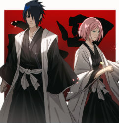 1boy 1girl absurdres black_eyes black_hair black_kimono bleach boruto:_naruto_next_generations cosplay cosplay_request facial_mark forehead_jewel forehead_mark green_eyes hair_over_one_eye haori haruno_sakura highres japanese_clothes katana kimono kuchiki_rukia kuchiki_rukia_(cosplay) naruto_(series) niku_(ni23ku) pink_hair robe short_hair spiked_hair sword uchiha_sasuke weapon wide_sleeves