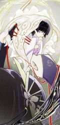 Rule 34 | 1boy, 1girl, absurdres, arms up, black hair, blunt ends, bridal gauntlets, butterfly hair ornament, closed eyes, closed mouth, clothing cutout, eyeliner, eyeshadow, facing to the side, fan hair ornament, genshin impact, hair ornament, highres, japanese clothes, kariginu, long sleeves, makeup, mitsudomoe (shape), momogourami, mother and son, multicolored hair, purple bridal gauntlets, purple hair, purple sleeves, raiden shogun, red eyeliner, red eyeshadow, scaramouche (genshin impact), scaramouche (kabukimono) (genshin impact), shoulder cutout, streaked hair, tomoe (symbol), veil, white sleeves, white veil, wide sleeves