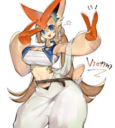 1girl animal_ears arabian_clothes baggy_pants bell-bottoms belt black_choker blue_eyes blue_jacket blush breasts brown_hair choker cleavage cropped_jacket furry furry_female gen_5_pokemon highres jacket large_breasts large_ears legendary_pokemon long_hair looking_at_viewer midriff mythical_pokemon navel nintendo pants pokemon pokemon_(creature) sarashi smile star_(symbol) tail togetoge very_long_hair victini victory_pose wide_sleeves
