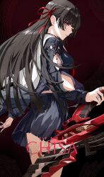 1girl absurdres arm_cutout black_hair black_ribbon black_shirt black_skirt breasts character_name chisa_(wuthering_waves) commentary cowboy_shot from_side hair_ribbon highres hikkio holding holding_sword holding_weapon long_hair long_sleeves looking_at_viewer looking_to_the_side medium_breasts mole mole_under_eye neckerchief parted_lips red_eyes red_neckerchief red_ribbon ribbon sailor_collar shirt skirt solo sword tacet_mark_(wuthering_waves) very_long_hair weapon white_sailor_collar wuthering_waves