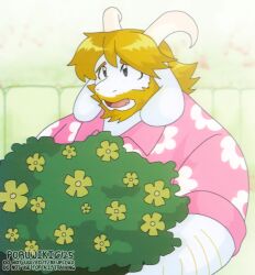 1boy animal_ears asgore_dreemurr beard blonde_hair dated deltarune facial_hair floppy_ears flower furrowed_brow goat_ears goat_horns highres holding holding_plant horns looking_to_the_side open_mouth pink_shirt plant poruwiki shirt signature undertale white_fur yellow_flower