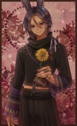 Rule 34 | 1boy, absurdres, animal ears, black pants, black shirt, blue eyes, border, brown border, commentary request, commission, cowboy shot, crescent, crescent earrings, dark-skinned male, dark skin, earrings, final fantasy, final fantasy xiv, flower, flower request, hair ribbon, heterochromia, highres, holding, holding flower, jewelry, kuro11 222, looking at viewer, low ponytail, male focus, multicolored sleeves, pants, partial commentary, ponytail, purple eyes, purple hair, rabbit boy, rabbit ears, red background, ribbon, ring, shirt, single earring, skeb commission, smile, solo, viera, warrior of light (ff14), white ribbon, yellow flower