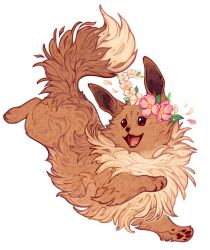Rule 34 | animal ear fluff, animal focus, brown eyes, brown fur, eevee, flower, fluffy, full body, gen 1 pokemon, giulialibard, happy, head wreath, highres, nintendo, no humans, open mouth, pawpads, pink flower, pokemon, pokemon (creature), pokemon focus, realistic, signature, simple background, smile, solo, white background, white flower