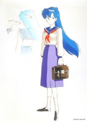 1990s_(style) 1girl armor asou_yuuko bikini_armor blue_eyes blue_hair concept_art female_focus game long_hair matching_hair/eyes mugen_senshi_valis navel nec official_art pc_engine retro_artstyle school_uniform serafuku simple_background skirt solo telenet_japan valis very_long_hair white_background