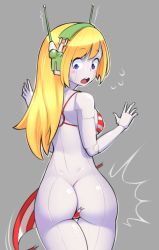 1girl ass bikini blonde_hair blue_eyes blush butt_crack curly_brace dimples_of_venus doukutsu_monogatari female_focus long_hair looking_back nickleflick robot simple_background solo swimsuit wardrobe_malfunction